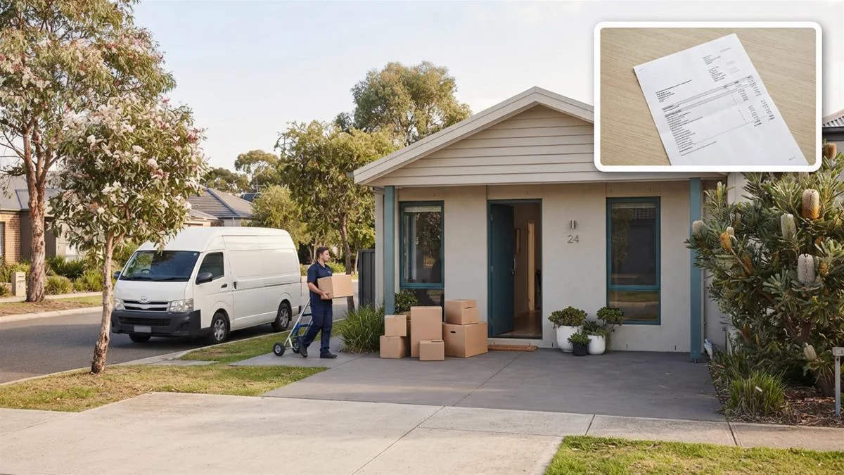 A removalist van outside an Australian home while a property manager waits at the gate